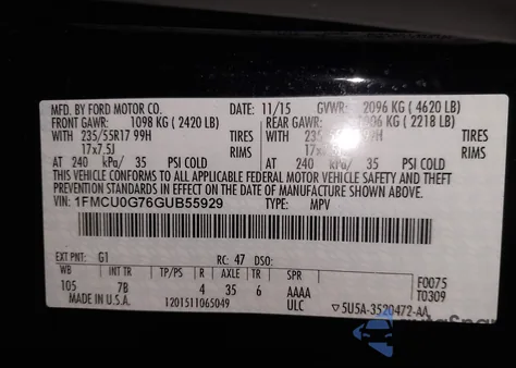 2016 Ford Escape Se из США, поврежденный, VIN 1FMCU0G76GUB55929